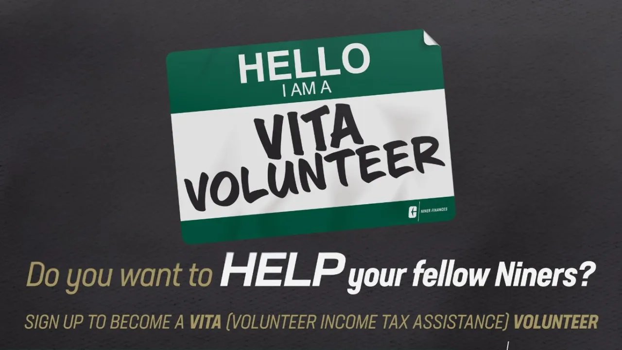 image of a name tag that says vita volunteer and message that says Do you want to HELP your fellow Niners? 